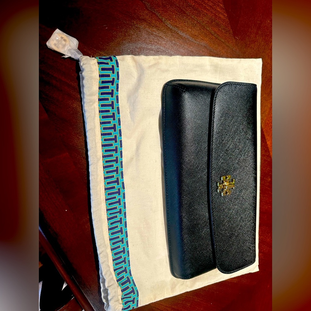 Tory Burch Black Leather Diana Clutch with gold logo
